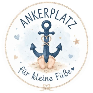 Ankerplatz für kleine Füße — Anker mit Herzknoten und zwei Kinderfüßen im Sand